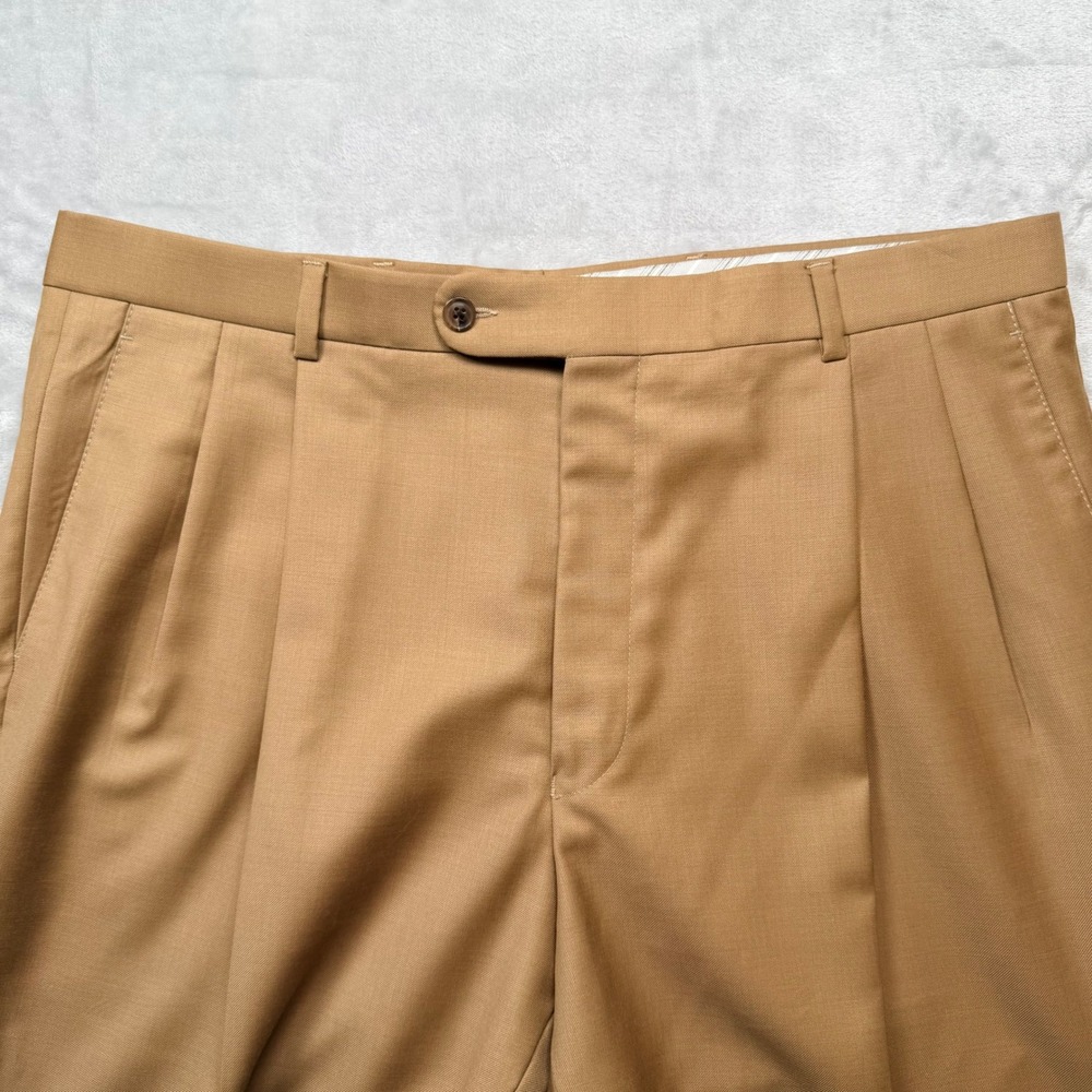 Super 140s Cashmere Wool Pleated Dress Pants Tan Brown Made in Canada 38 (37x33)